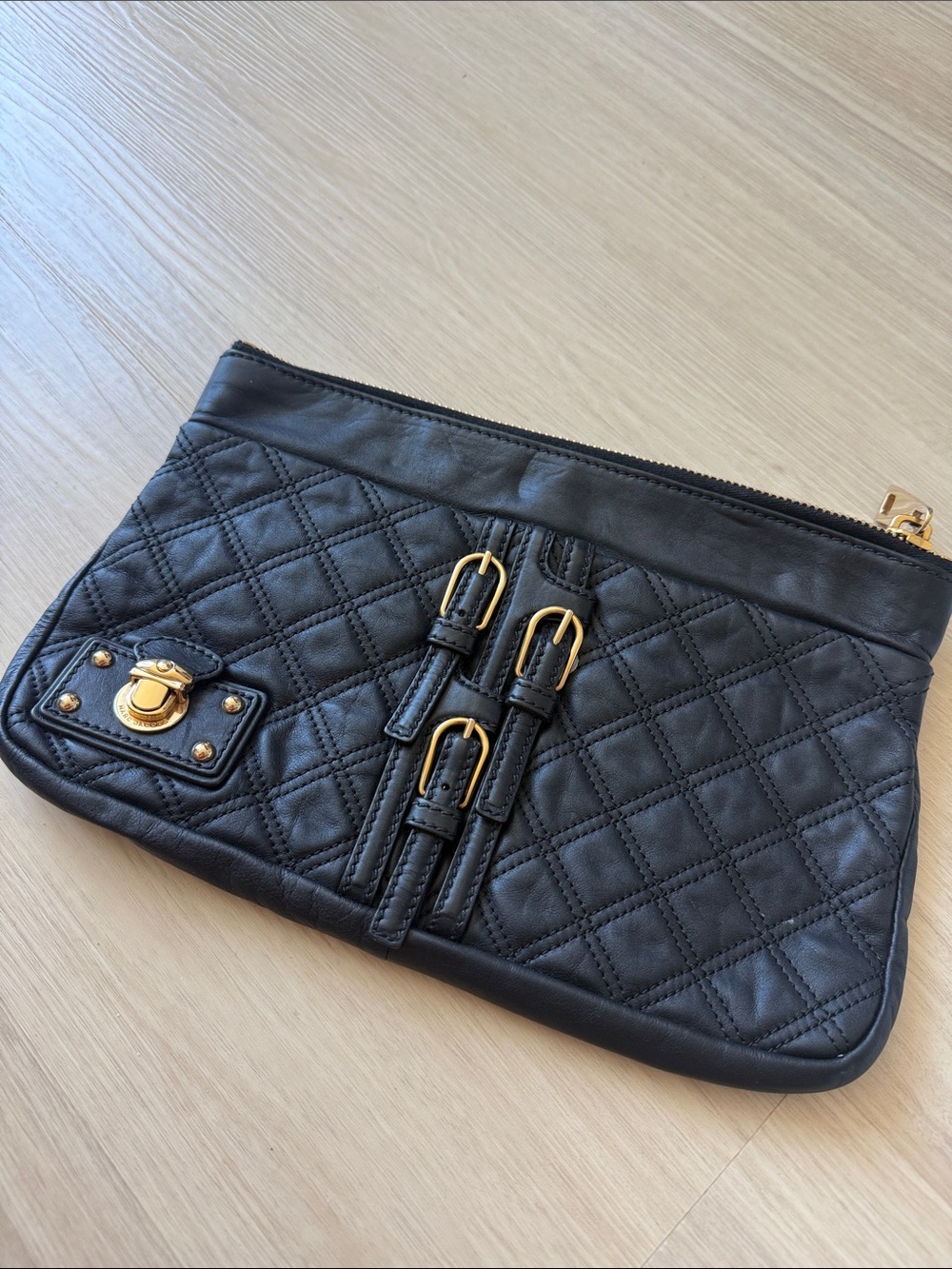 Marc Jacobs. Women's Quilted Black Leather Clutch with Gold Hardware